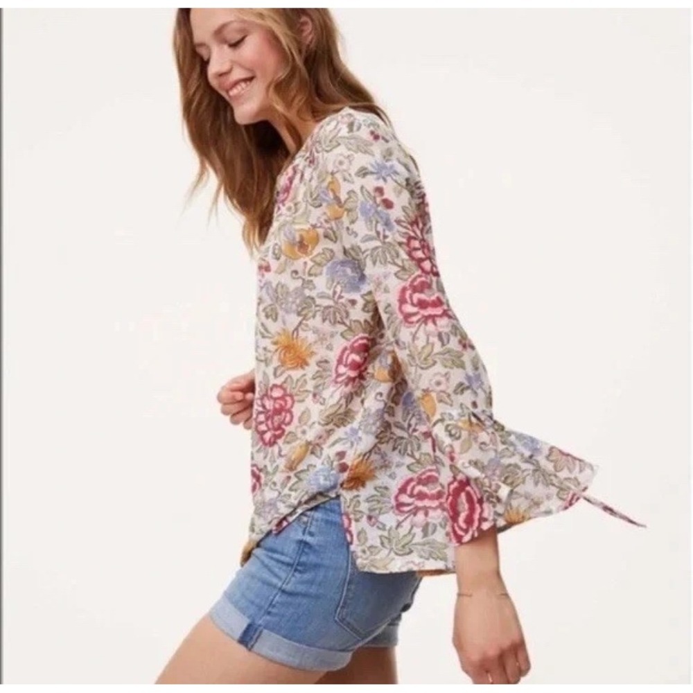 LOFT Floral‎ Blouse Bell Sleeve The Softened Shirt Cotton Tie Popover Boho Top M